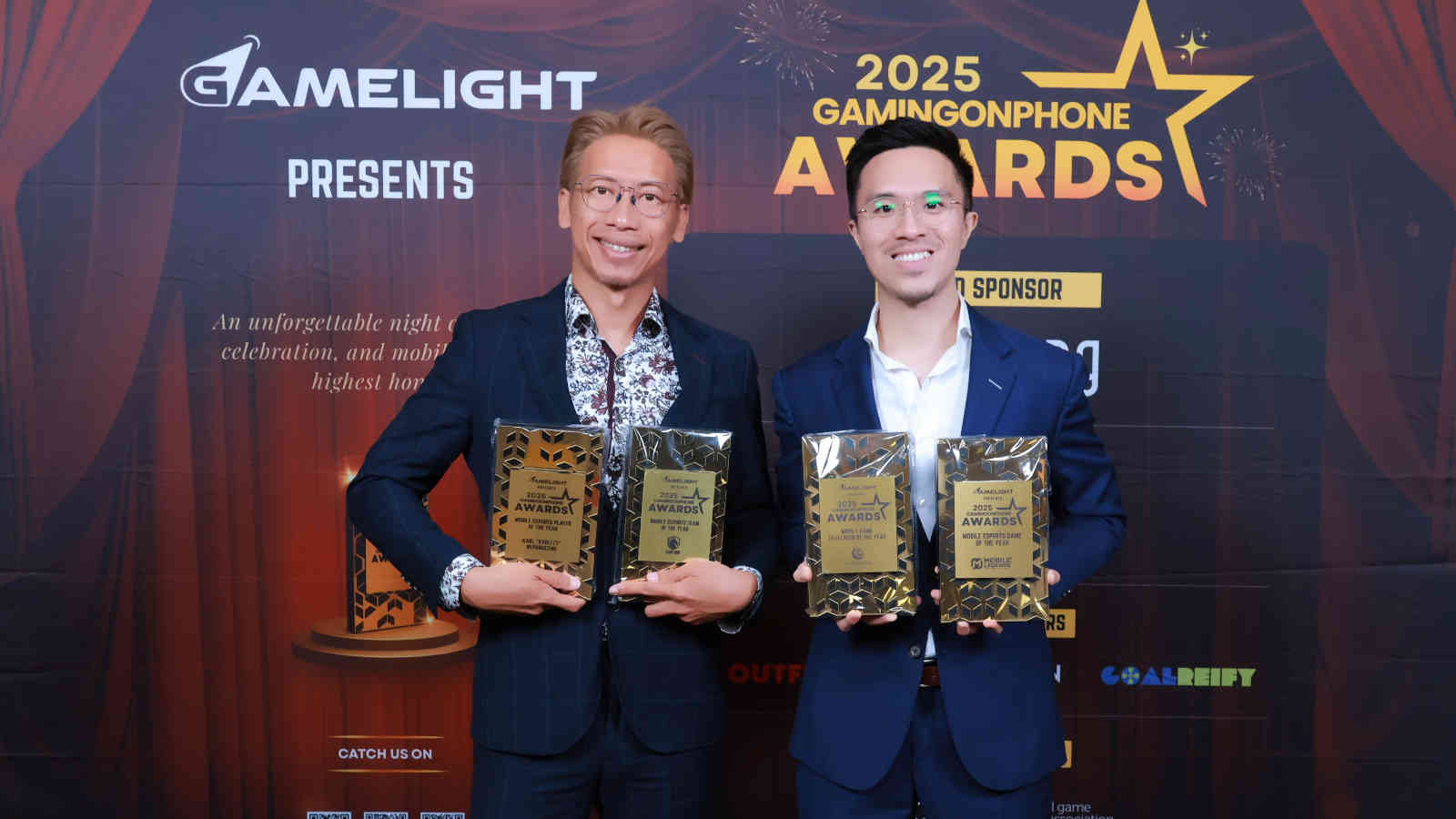 Moonton Games holding its four awards at the GamingonPhone Awards 2025