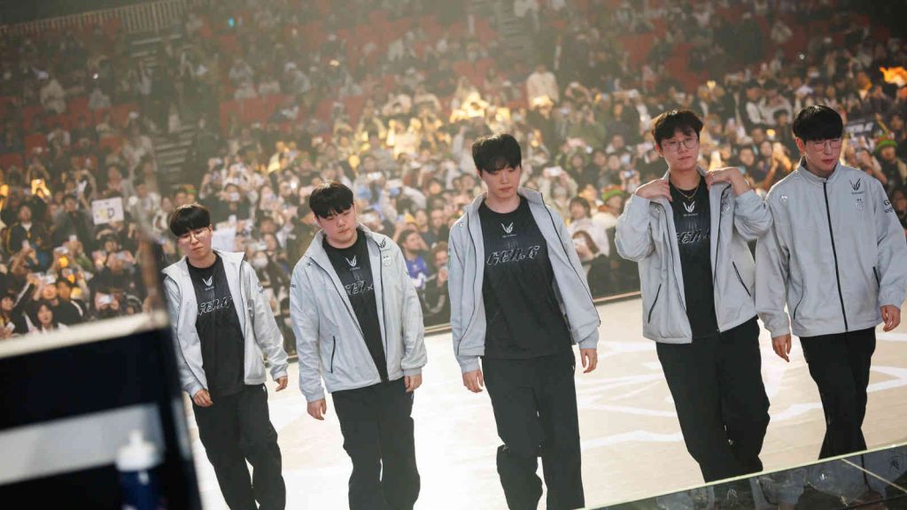 Gen.G Esports walk off stage at League of Legends Worlds 2025 Swiss Stage on October 23, 2025 in Beijing, China. (Photo by Yicun Liu/Riot Games)