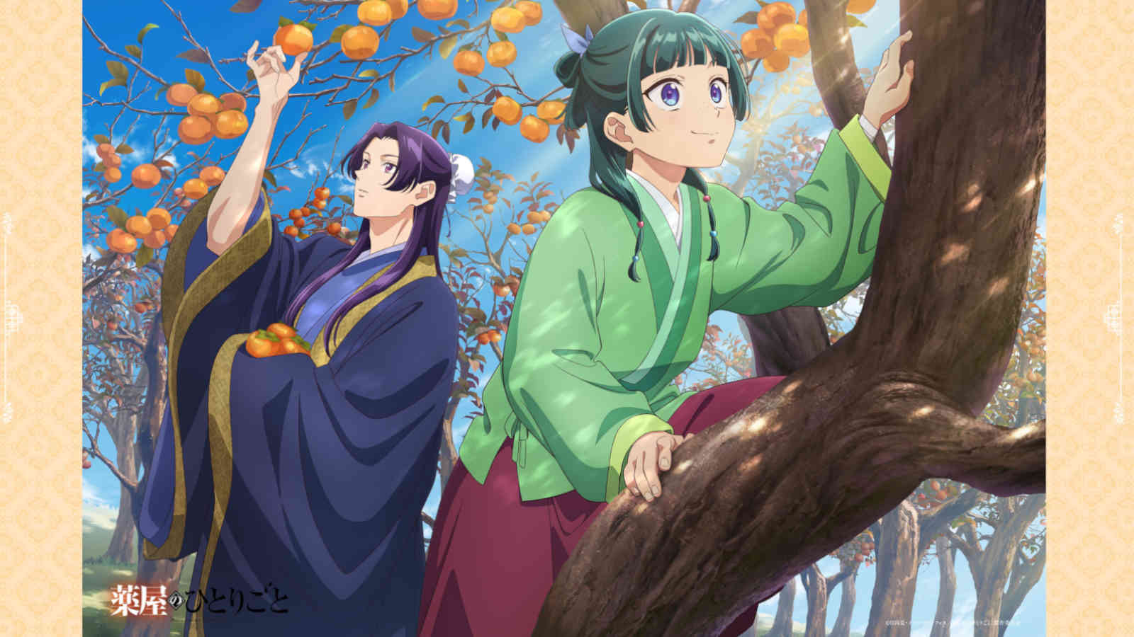 Jinshi and Maomao harvesting fruit from fruit trees in The Apothecary Diaries