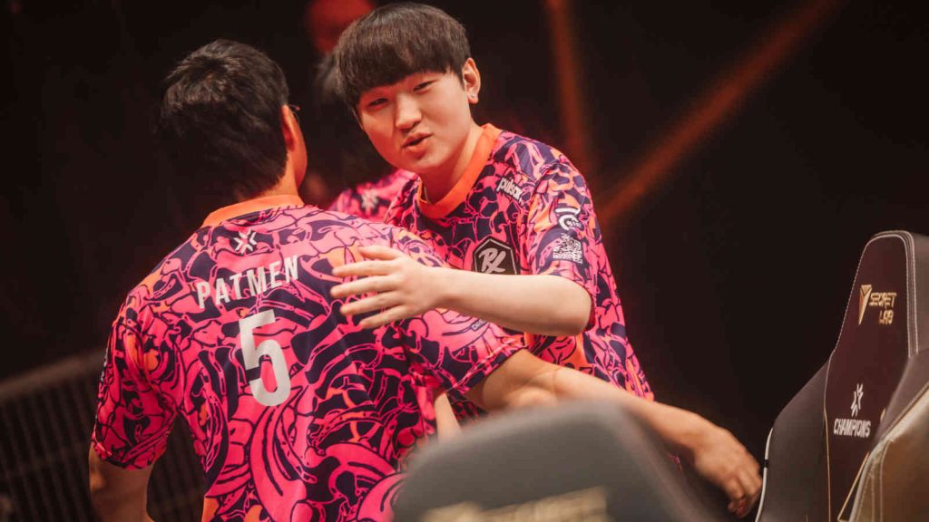 PARIS, FRANCE - PatMen (L) and Jinggg of Paper Rex react onstage at VALORANT Champions Paris Playoffs Stage Day 1 at Les Arènes de Grand Paris Sud on September 25, 2025 in Paris, France (Photo by Colin Young-Wolff/Riot Games)