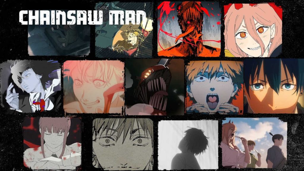 Kickback collage featuring stills from Chainsaw Man Season 1 anime showing Denji, Power, Makima, Aki, Chainsaw Man
