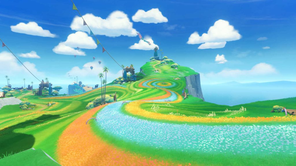 Fields and blue skies of Easybreeze Holiday Resort, a vibrant new island region off the west coast of Natlan