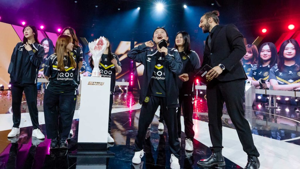 Team Vitality celebrate their trophy win at the MLBB Women's Invitational during the 2025 Esports World Cup