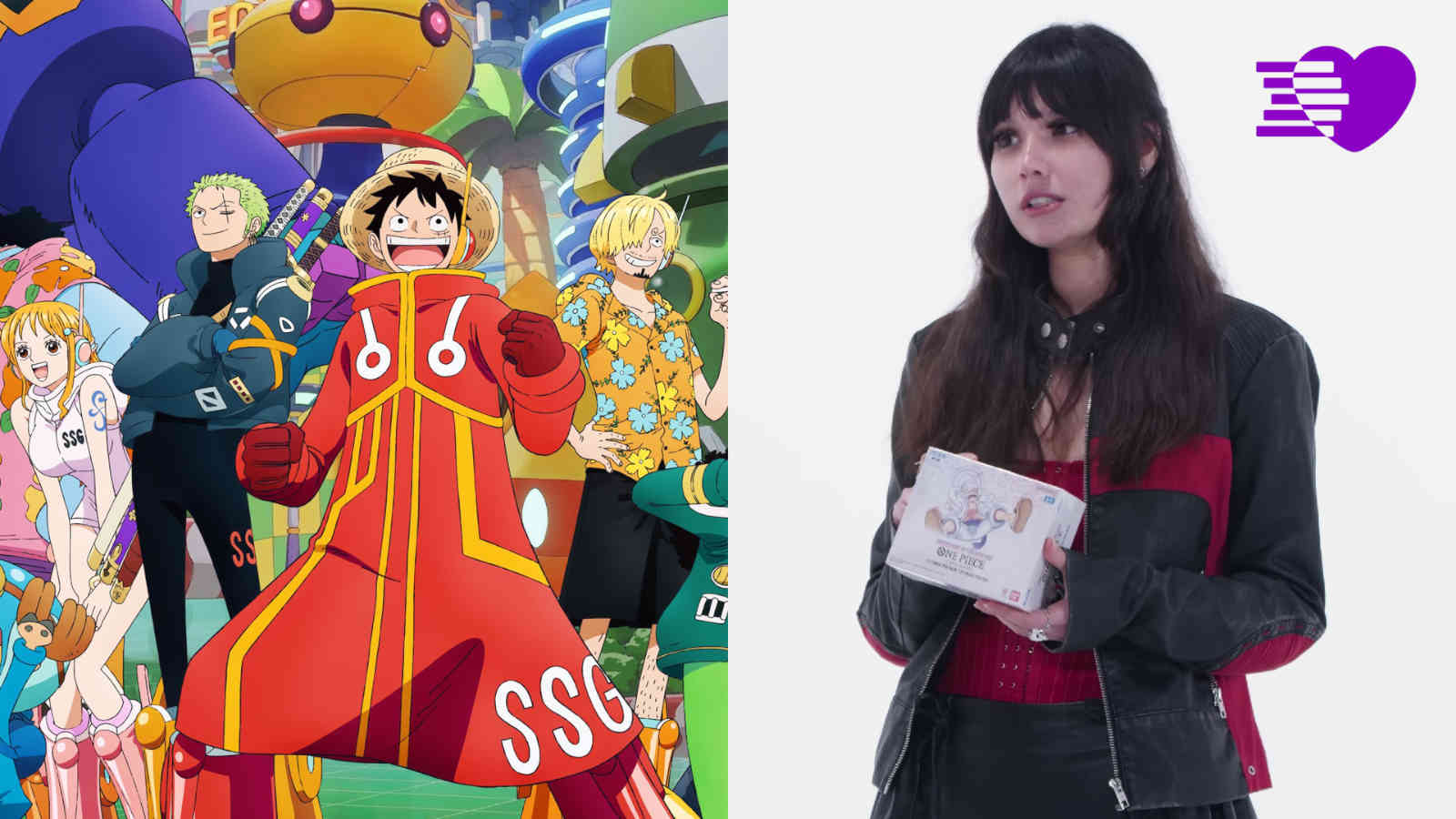 Streamer Oxillery in David Alvareeezy's YouTube dating show and One Piece Egghead key visual featuring Luffy, Nami, Zoro, and Sanji