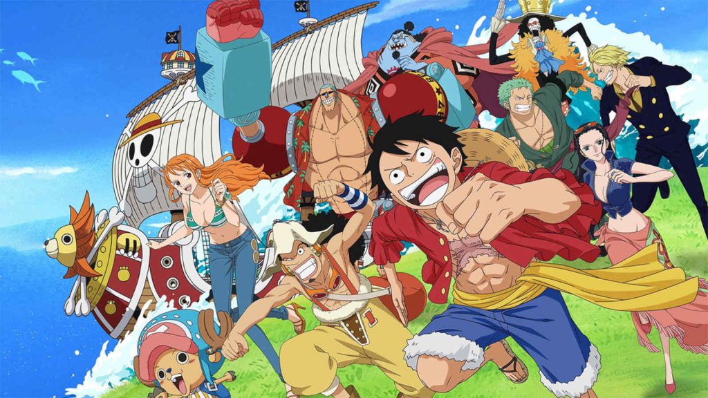 One Piece anime characters featuring Straw Hat Pirates members Monkey D. Luffy, Roronoa Zoro, Nami, Usopp, Vinsmoke Sanji, Tony Tony Chopper, Nico Robin, Franky, Brook, and Jinbe
