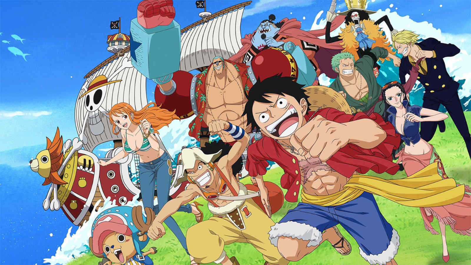 One Piece anime characters featuring Straw Hat Pirates members Monkey D. Luffy, Roronoa Zoro, Nami, Usopp, Vinsmoke Sanji, Tony Tony Chopper, Nico Robin, Franky, Brook, and Jinbe