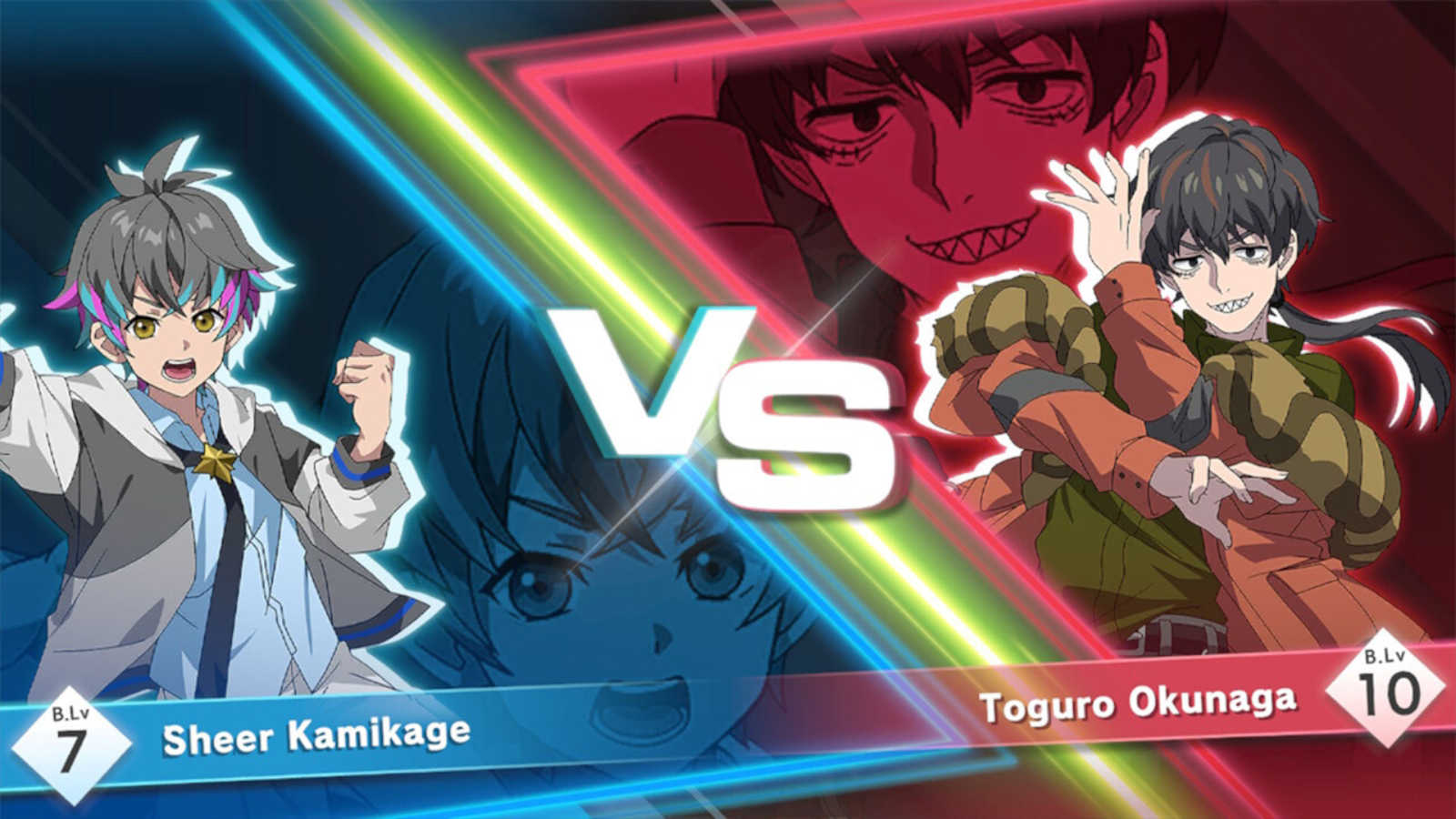 Beyblade x xone game official screenshot showing versus mode between Sheer Kamikage and Toguro Okunaga