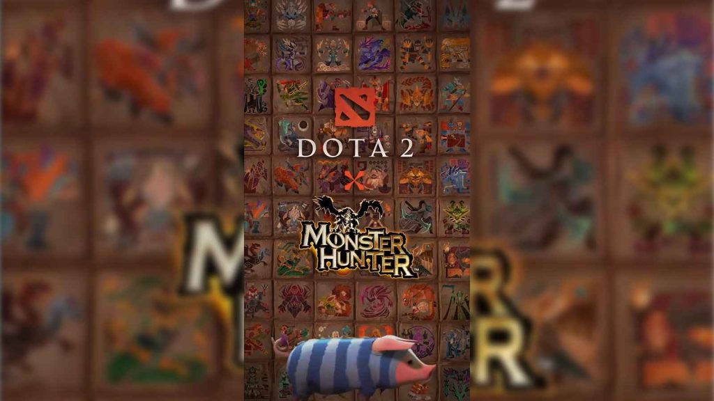 Poogie with Dota 2 heroes in the background for the Dota 2 Monster Hunter collaboration.