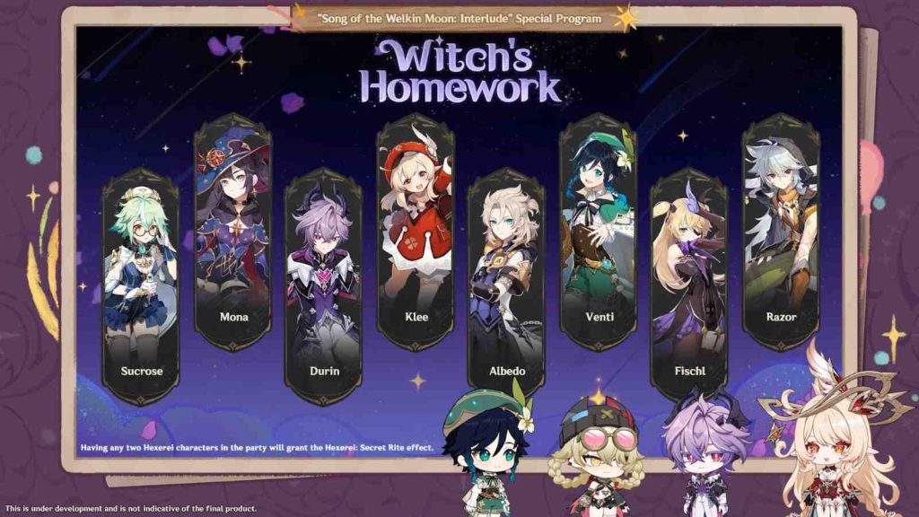 Luna III Witch's Homework quest where players can elevate Durin, Venti, Klee, Albedo, Mona, Razor, Fischl, and Sucrose into Hexerei characters. 