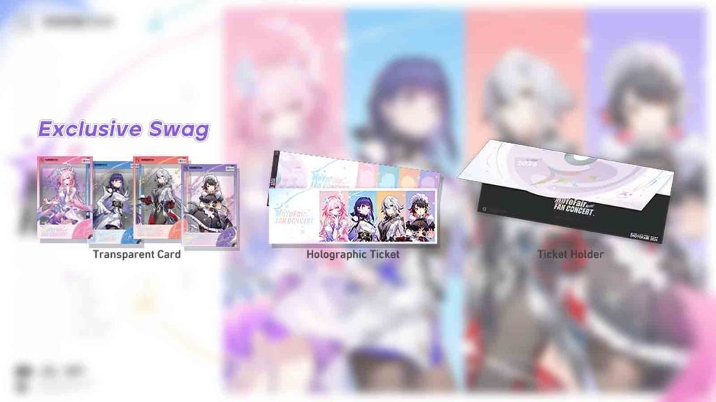 Official merchandise for HoYoFair Fan Concert 2026 featuring transparent cards, holographic tickets, and ticket holders. 