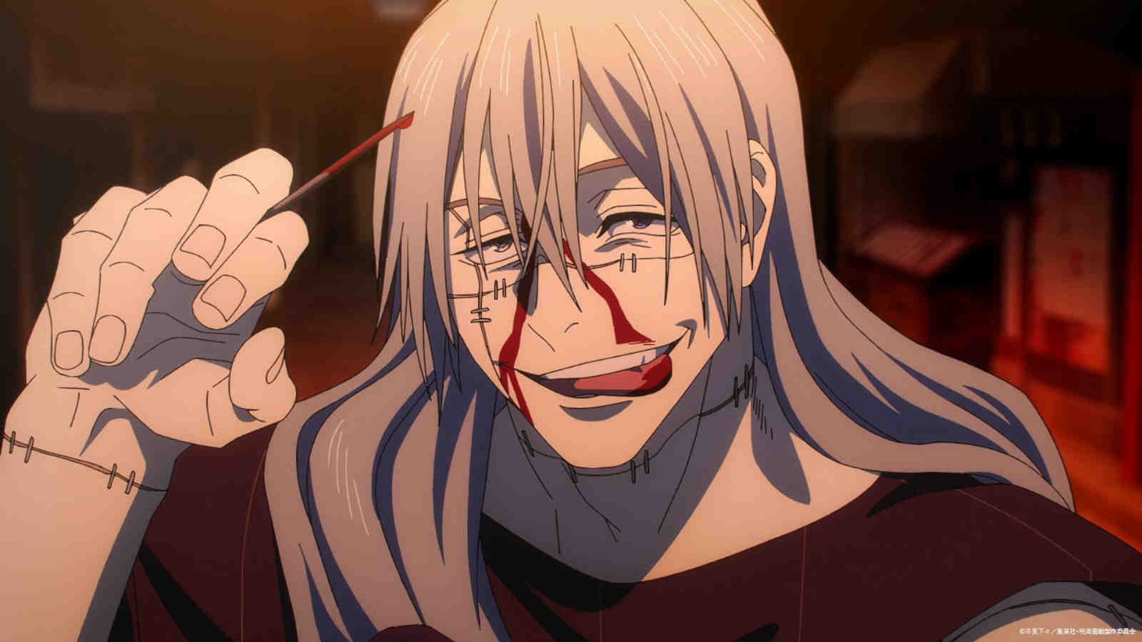 Mahito licking his lips and looking grimacing in Jujutsu Kaisen Season 2's Shibuya Incident