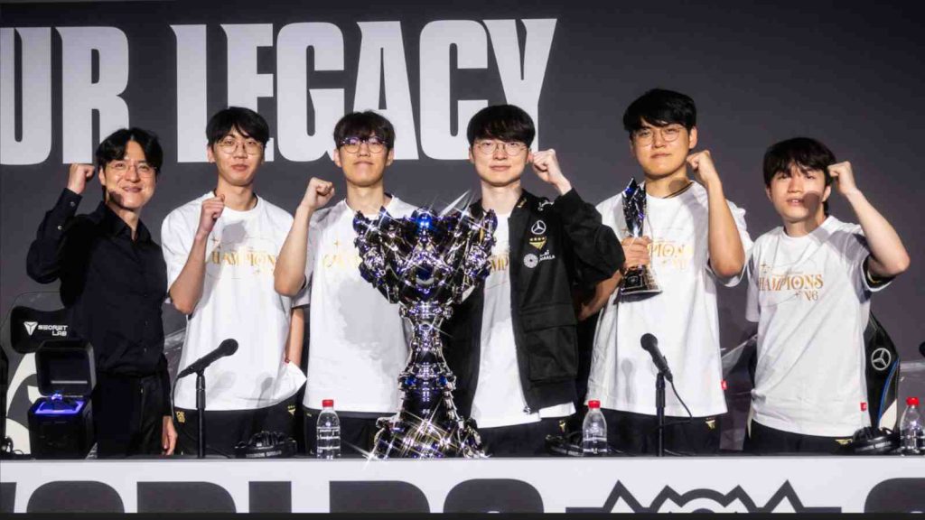 T1 are interviewed during press conference after being crowned champions at League of Legends Worlds 2025 Finals on November 08, 2025 in Chengdu, China. (Photo by Colin Young-Wolff/Riot Games)