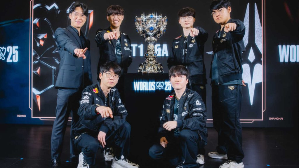 T1 are seen at League of Legends Worlds 2025 Media Day on November 07, 2025 in Chengdu, China. (Photo by Colin Young-Wolff/Riot Games)