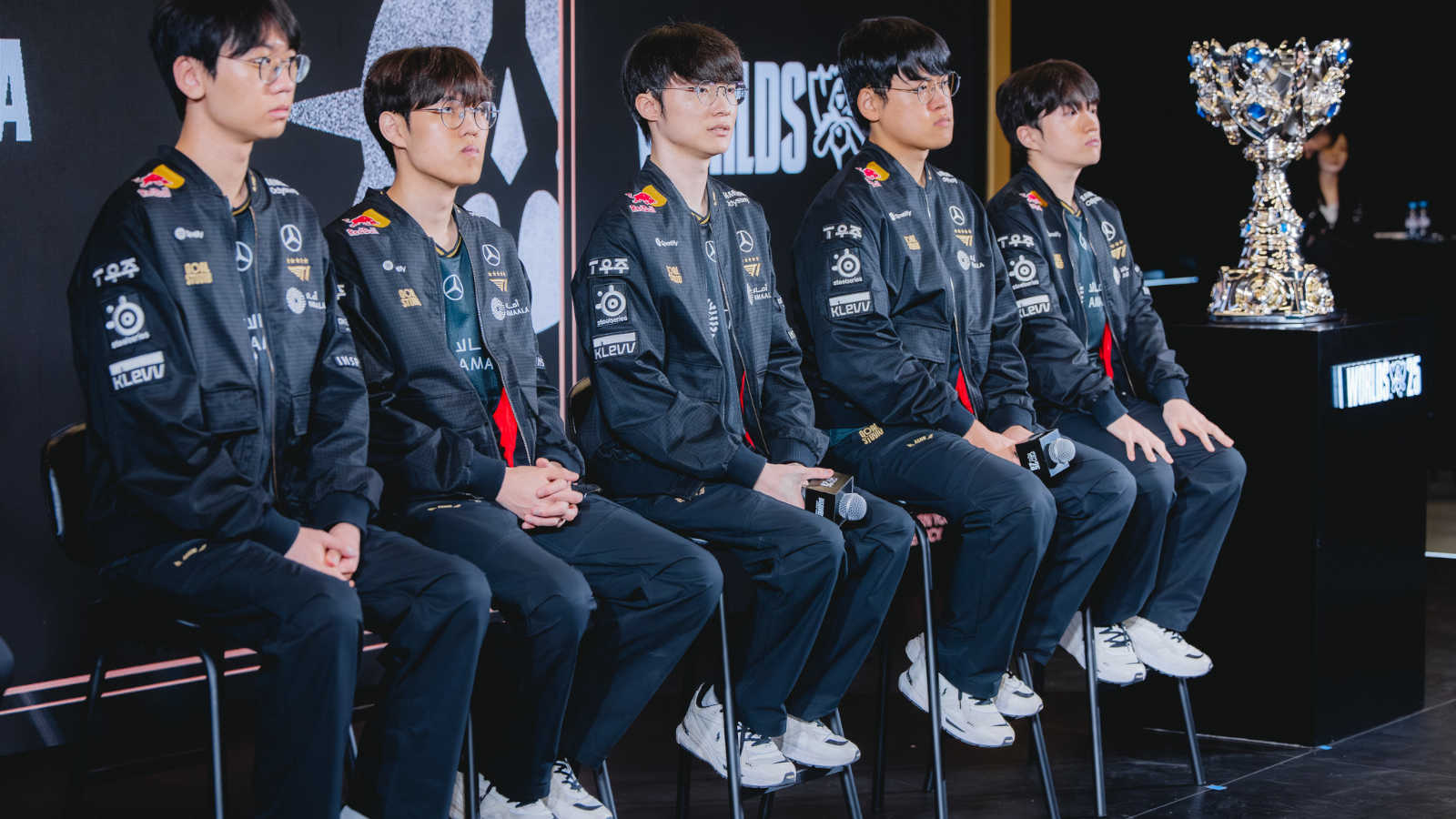 T1 during Q&A at League of Legends Worlds 2025 Media Day on November 07, 2025 in Chengdu, China. (Photo by Colin Young-Wolff/Riot Games)