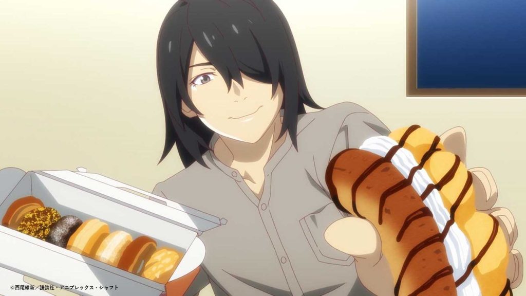 Koyomi Araragi holding an assortment of breads in the Monogatari anime series.