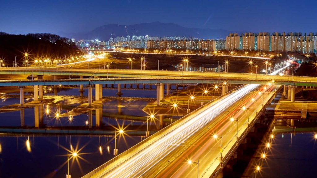 Nighttime traffic in Daejeon, South Korea, the city where MSI 2026 is held