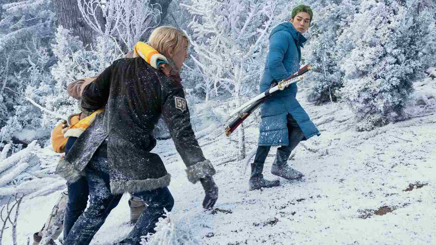 One Piece live action cast featuring Roronoa Zoro (Mackenyu) and Sanji (Taz Skylar).