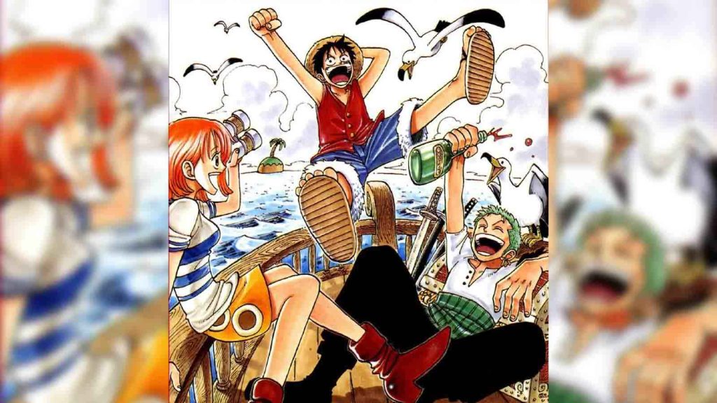 The cover for One Piece manga volume 1, Romance Dawn, featuring Nami, Luffy, and Zoro.