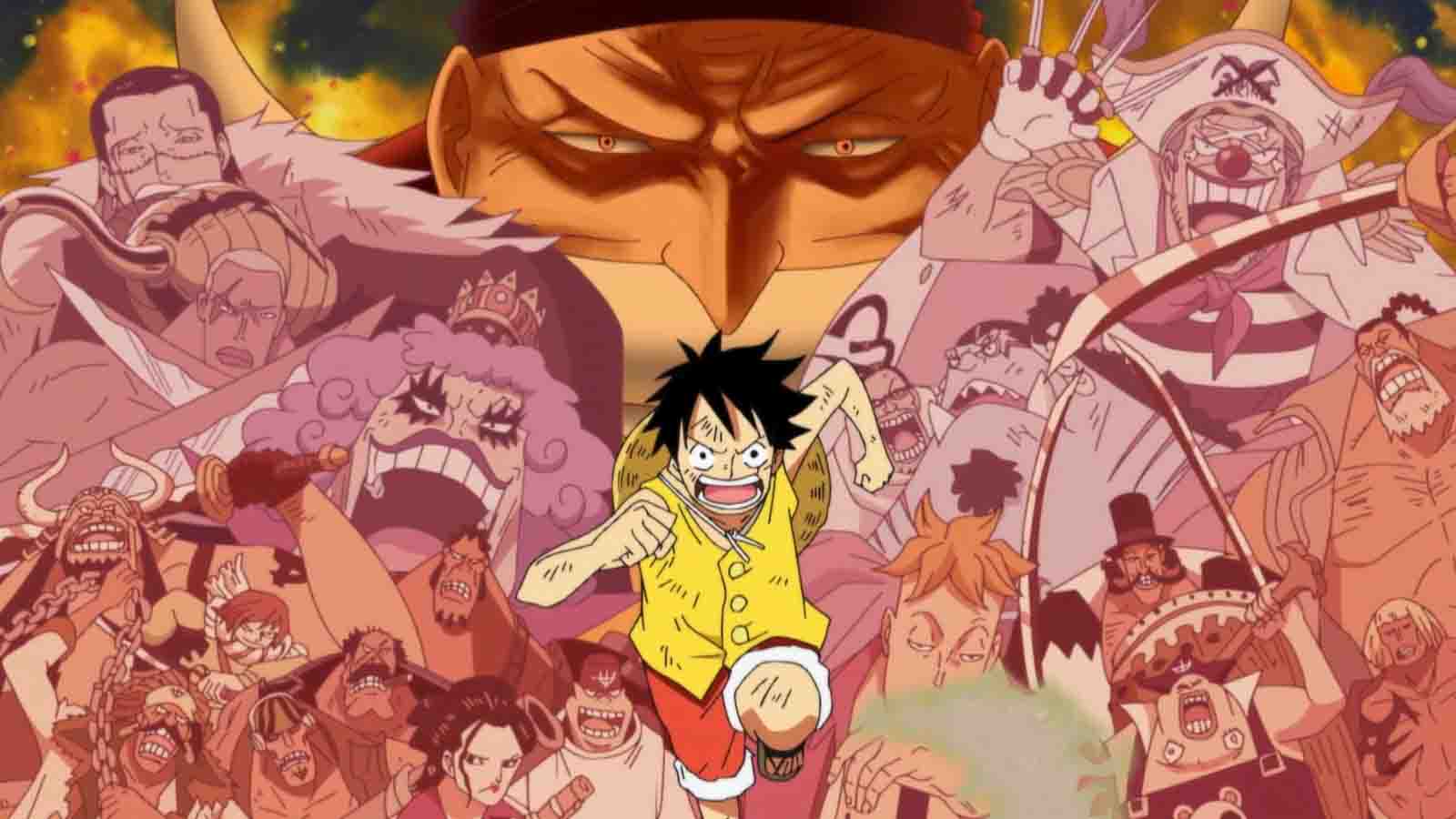 Luffy charging forward with major figures from the Marineford arc in the background, including Edward Newgate, Crocodile, Buggy, and Charlotte Linlin.