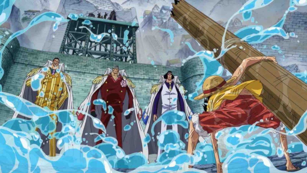 Luffy facing the three Admirals during the Marineford arc. He prepares to charge forward while Aokiji, Akainu, and Kizaru stand in his path.