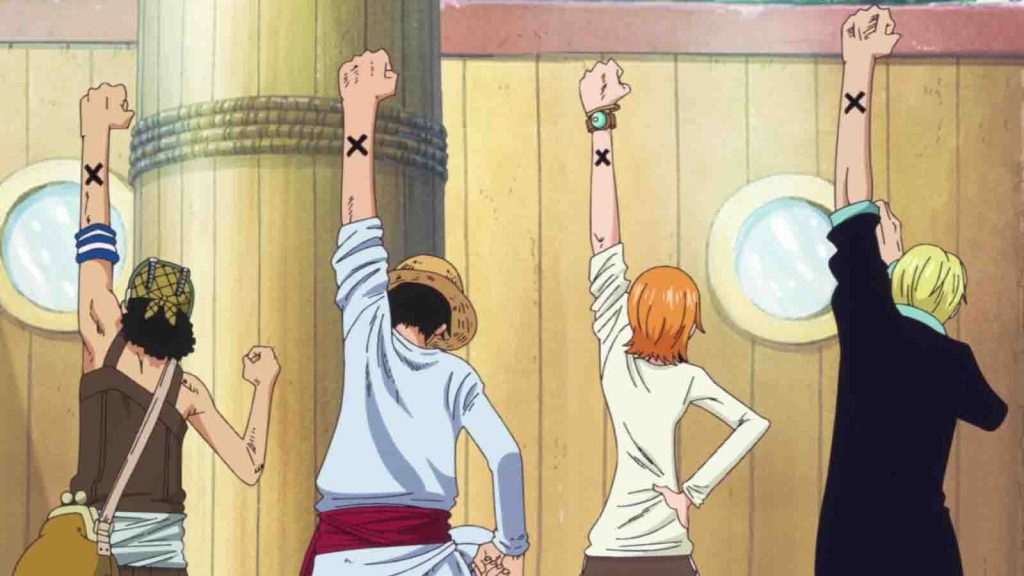 Luffy and his crew showing their X mark of friendship to Vivi.