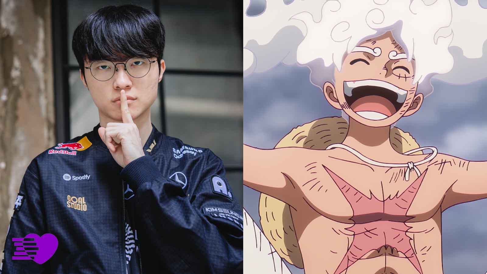 T1 star player Lee "Faker" Sang-hyeok and One Piece's Monkey D. Luffy (Gear 5 form).