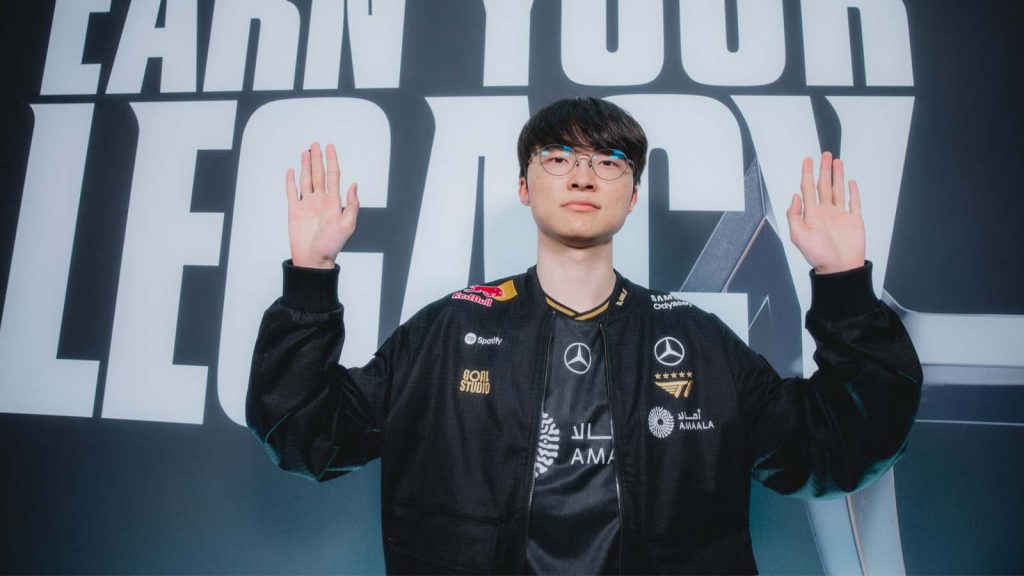 Lee "Faker" Sang-hyeok doing the "absolute cinema" pose at League of Legends Worlds 2025 in China.