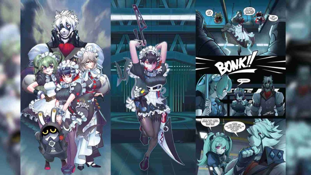 Zenless Zone Zero and Marvel collaboration featuring Victoria Housekeeping Co. members Rina, Corin, Ellen, and Lycaon.