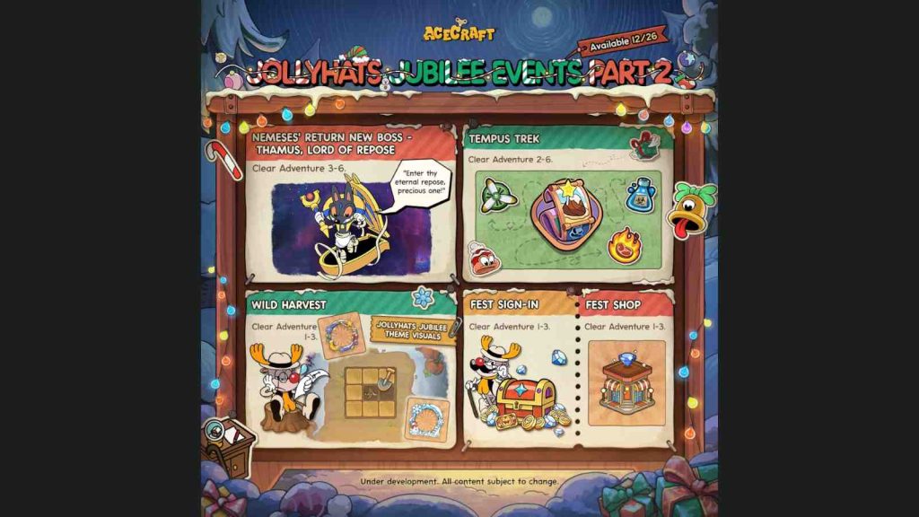 Acecraft's Snow Cap Festival Jollyhats Jubilee event part 2 showing all claimable rewards and in-game events