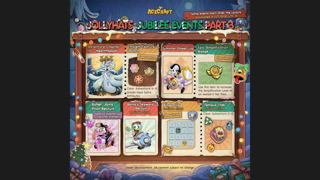 Acecraft's Snow Cap Festival Jollyhats Jubilee event phase 2 starting in January 2026 showing all claimable rewards