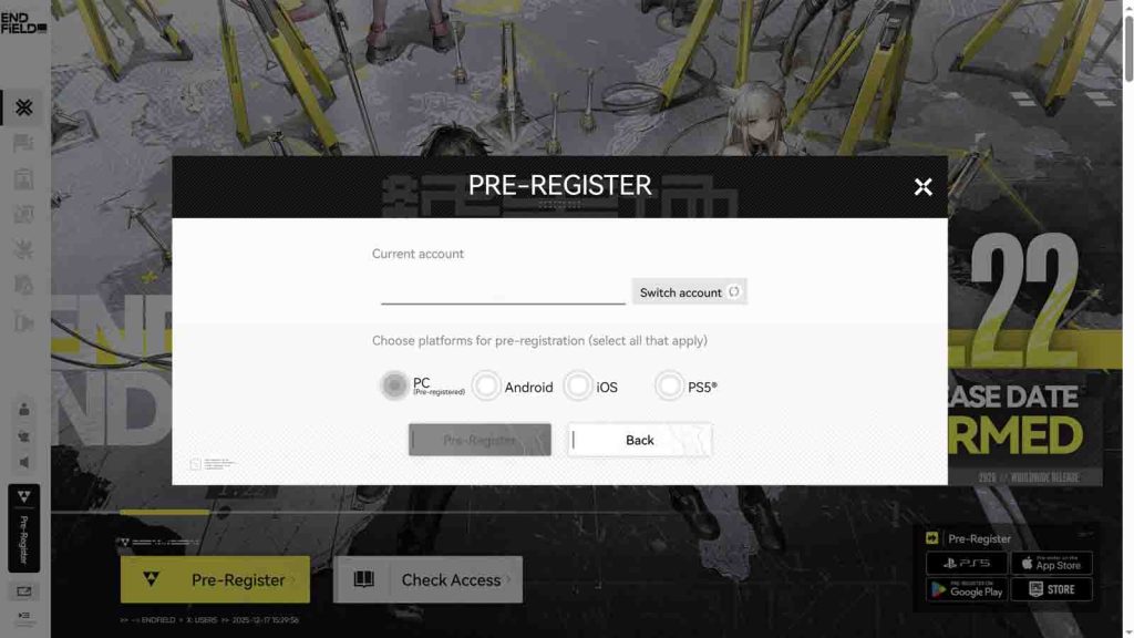 How to pre-register for Arknights Endfield on their official page