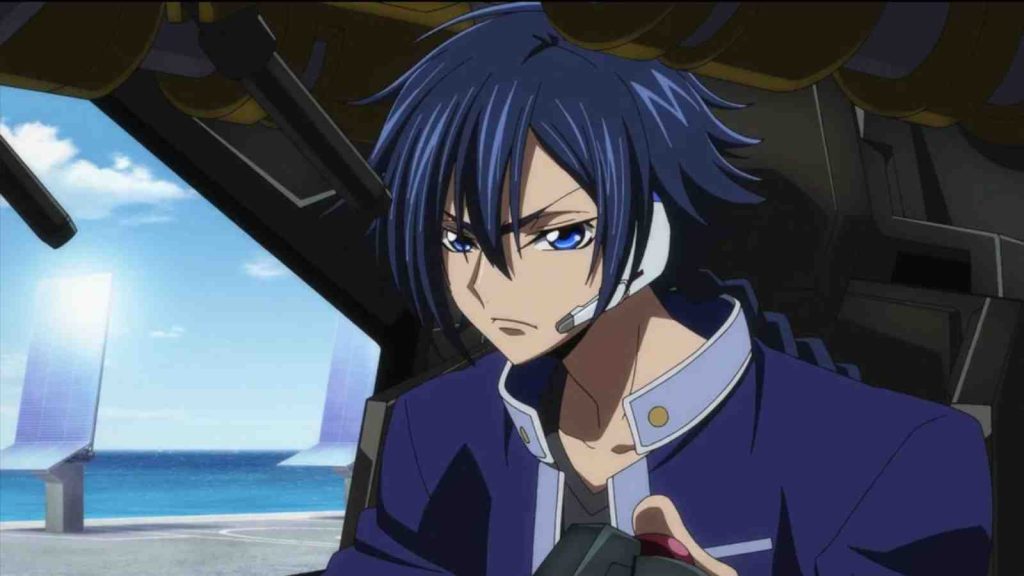 Akito Hyuga wears a headset sitting in his mecha frowning in Code Geass: Akito the Exiled