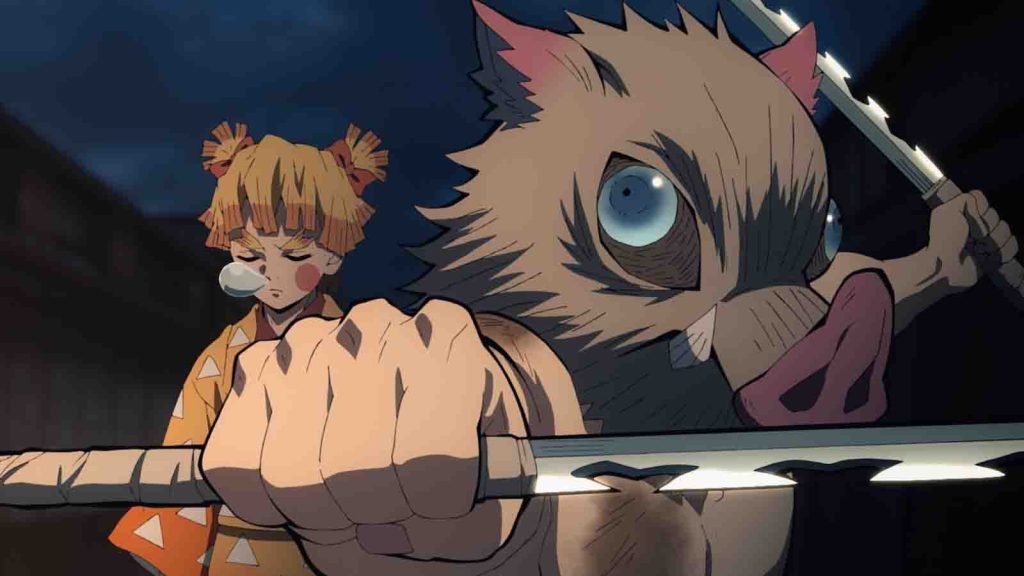 Demon Slayer protagonist Inosuke Hashibira seen in the Entertainment District arc in season 3