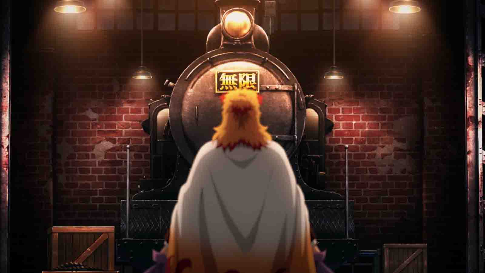 Demon Slayer Flame Hashira Kyojuro Rengoku seen looking at the Mugen Train in the Mugen Train movie