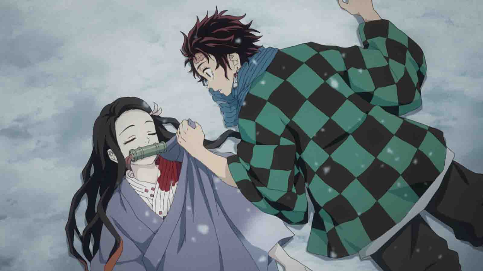 Demon Slayer protagonists Tanjiro and Nezuko Kamado after Kibutsuji Muzan's attack in season 1