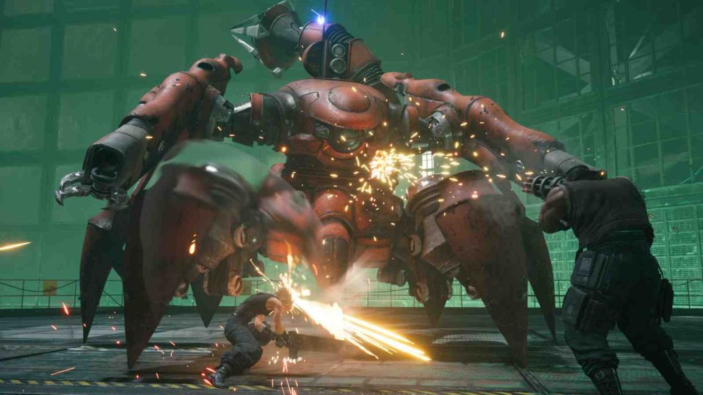 Cloud and Barret fighting boss Scorpion Sentinel in Final Fantasy VII Remake