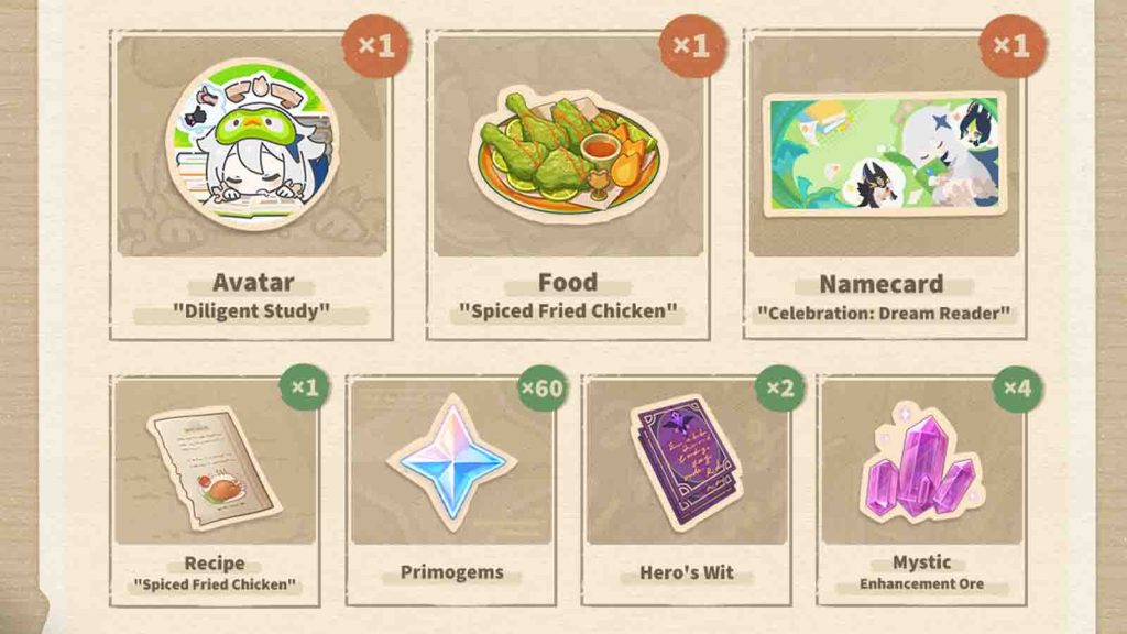 Duolingo Genshin Impact collaboration in-game rewards, including Primogems and a name card.
