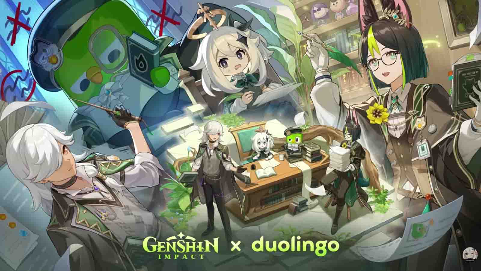 Cyno, Tighnari, Paimon, and Duo for the Duolingo Genshin Impact collaboration.