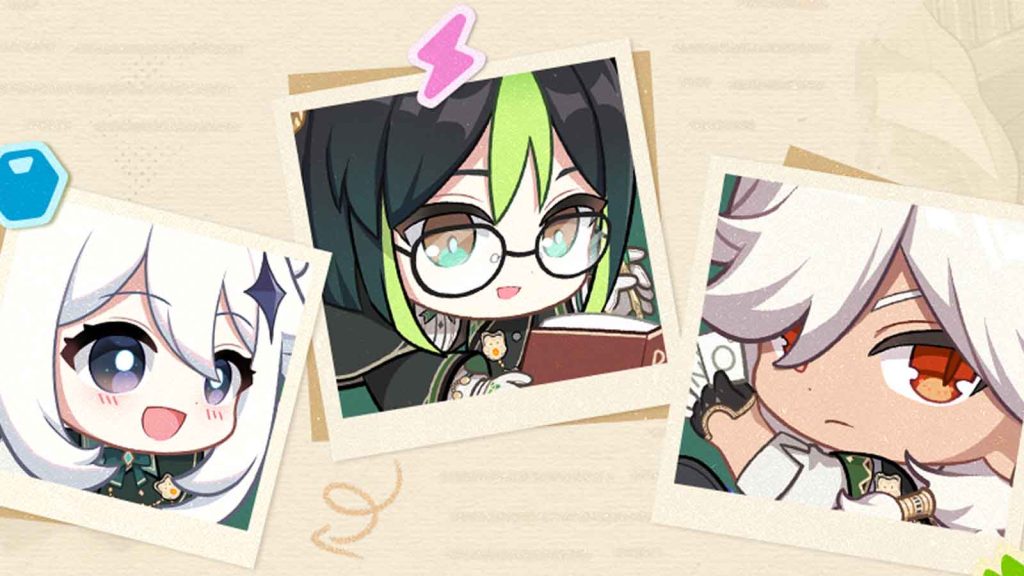 Chibi versions of Paimon, Tighnari, and Cyno in the Genshin Duolingo collab 2025.