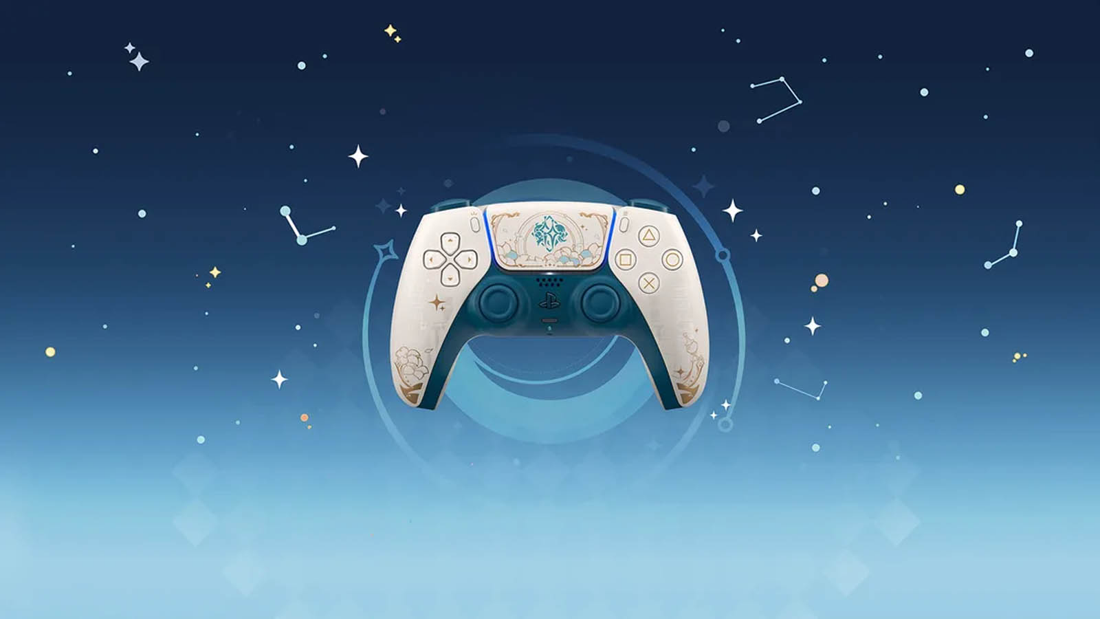 PlayStation 5's DualSense Wireless Controller – Genshin Impact Limited Edition, featuring an ethereal white, gold, and green palette.