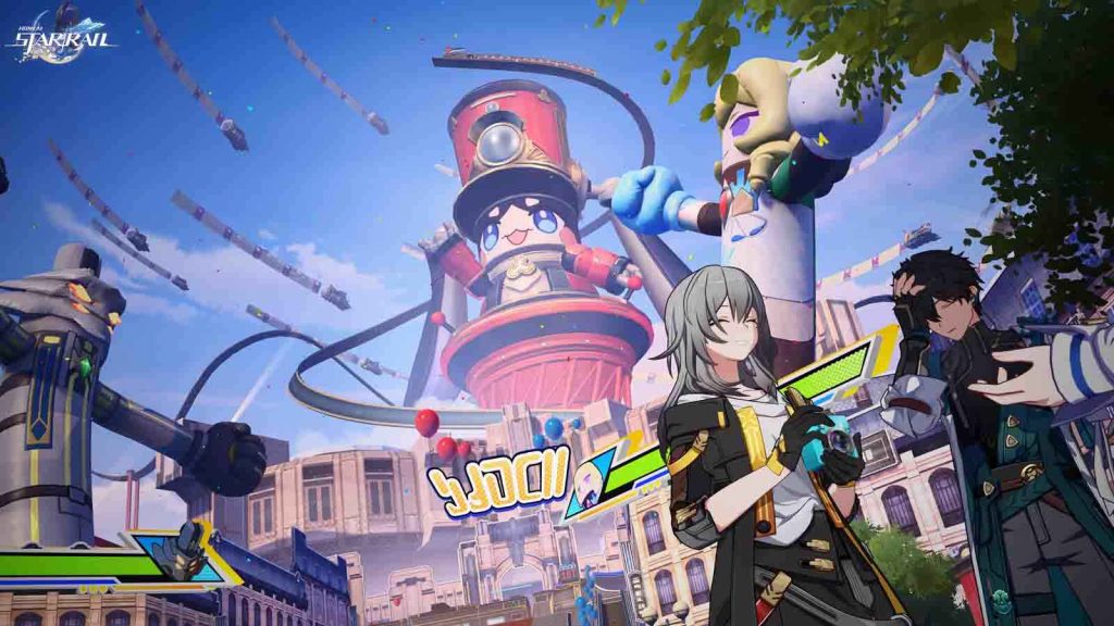 Trailblazer Stelle, Dan Heng, and a giant statue of Pom Pom in Planarcadia.