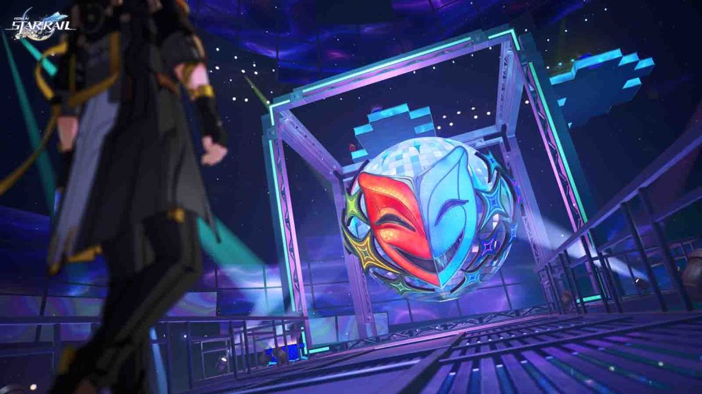 The back of Trailblazer Caelus facing a symbol of the Aeon, Aha, in Planarcadia.