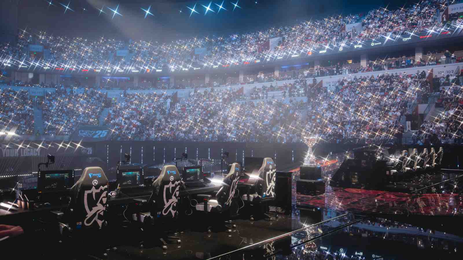 Fans in the audience show their support at League of Legends Worlds 2025 Finals on November 08, 2025 in Chengdu, China. (Photo by Colin Young-Wolff/Riot Games)