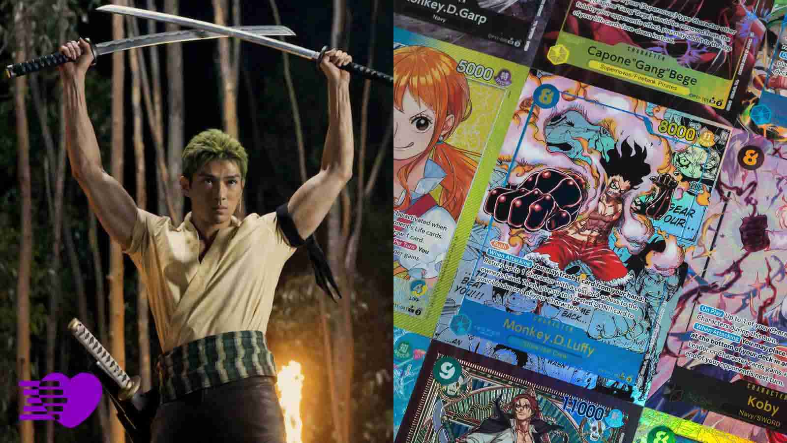 One Piece live action actor Mackenyu Arata as Zoro and a few One Piece Card Game cards.