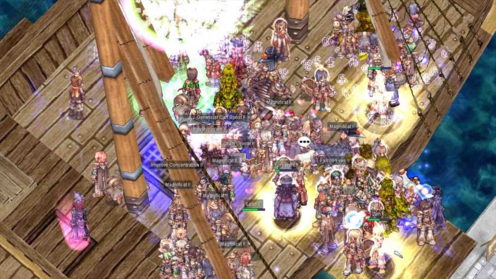 Ragnarok Online MMORPG gameplay showing players gathering on a ship