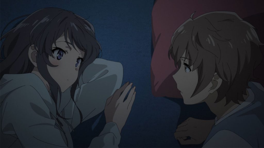 Mai Sakurajima and Sakuta Azusagawa lying down in Rascal Does Not Dream of Bunny Girl Senpai anime.