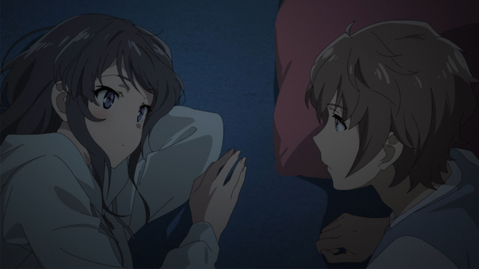 Mai Sakurajima and Sakuta Azusagawa lying down in Rascal Does Not Dream of Bunny Girl Senpai anime.