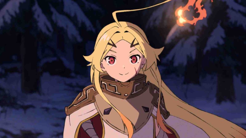 Teoritta with flaming hair in Sentenced to Be a Hero anime episode 1