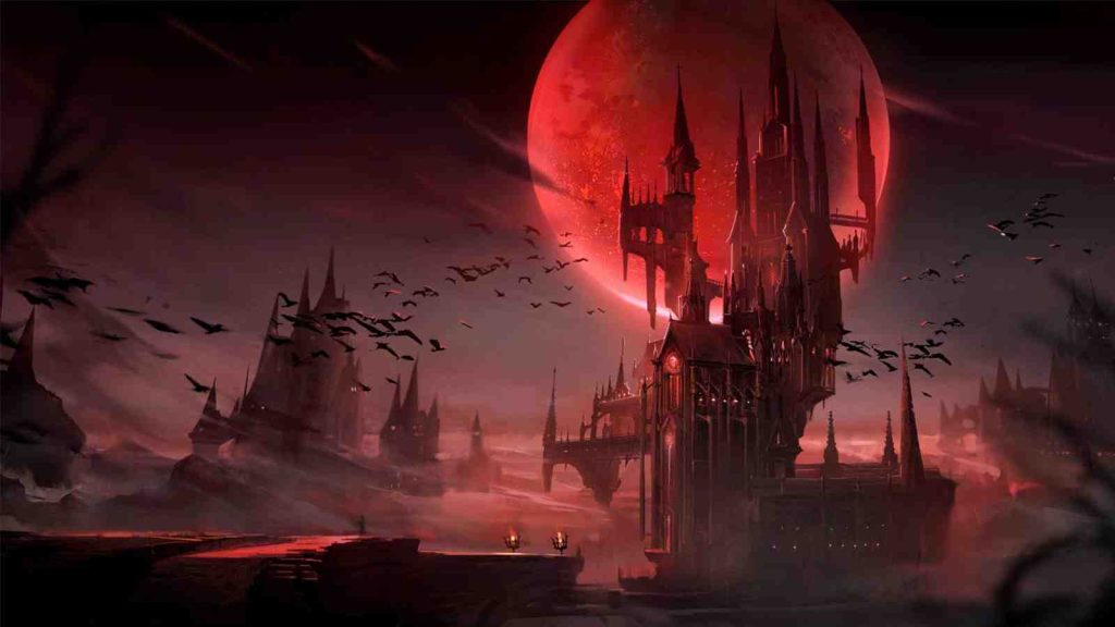 Silver and Blood concept art showing red moon, gothic castle, and flying bats