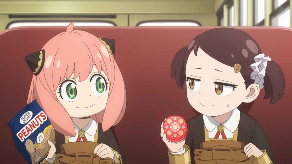 Spy x Family characters Anya Forger and Becky Blackbell with their snacks.